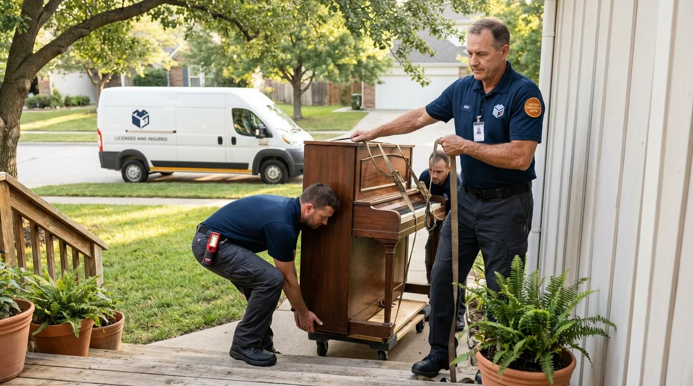 Licensed piano movers securing grand piano in Willimantic, CT
