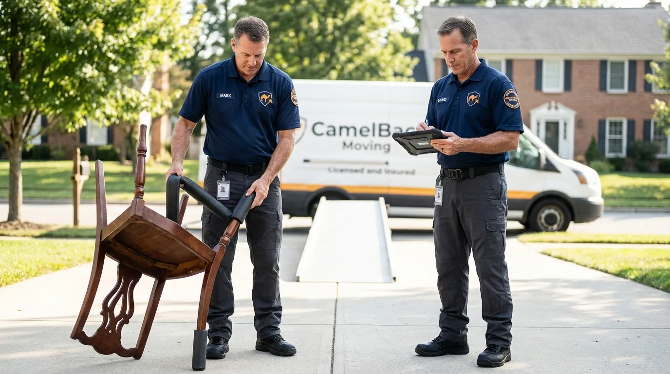 Movers inspecting furniture for damage prevention before loading in Willimantic, CT
