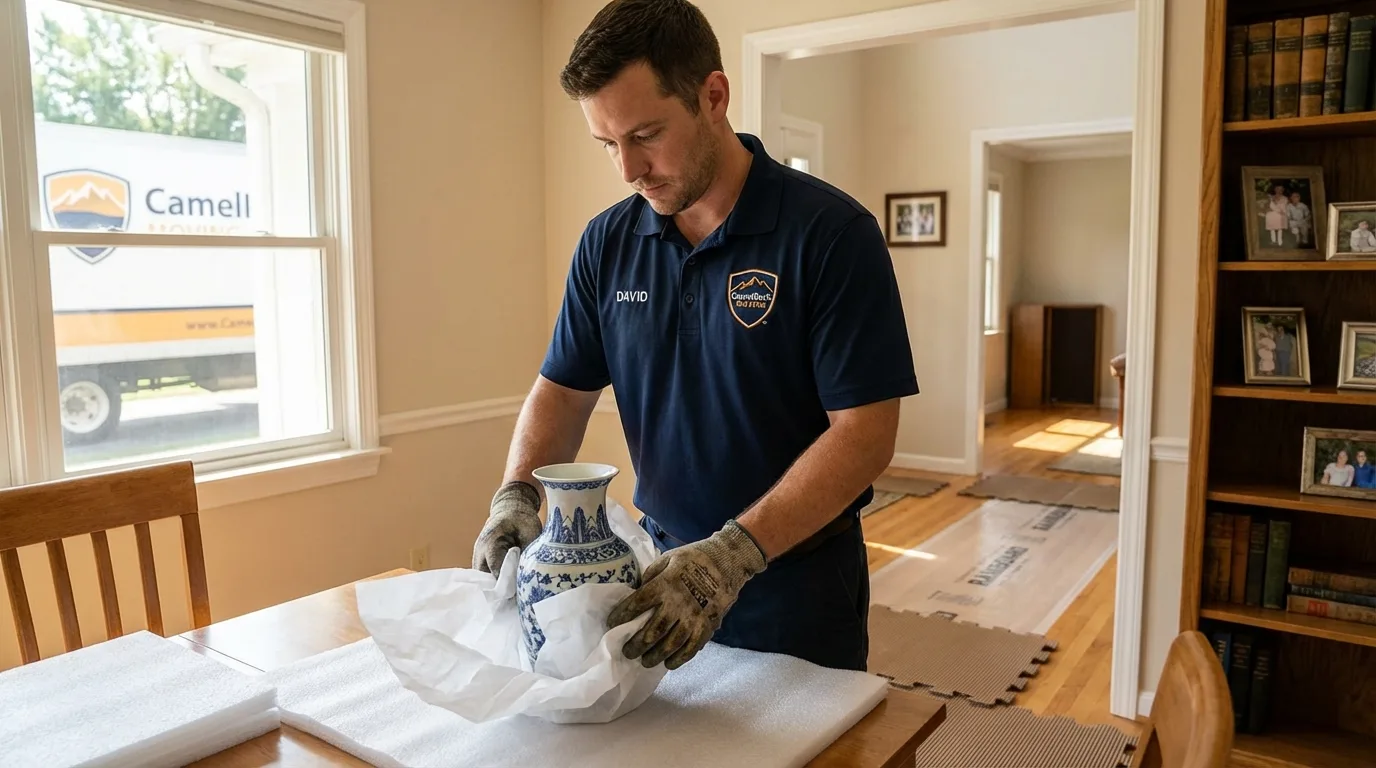 Professional crew carefully wrapping antique vase for senior downsizing move in Willimantic, CT